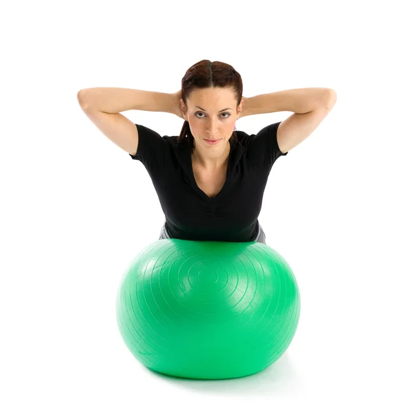 Pretty Woman Hands Head Doing Pilates Exercise Using Gym Ball — Stock Photo, Image