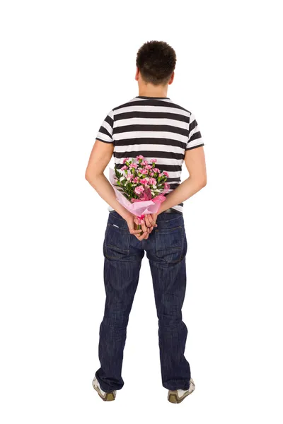 Homme cachant Bouquet de fleurs — Photo