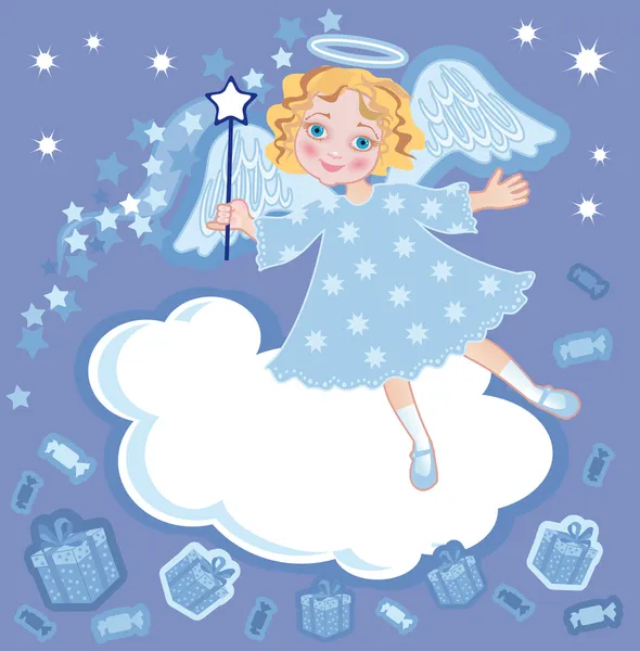 Angel with a gift and magic stick — Stock Vector
