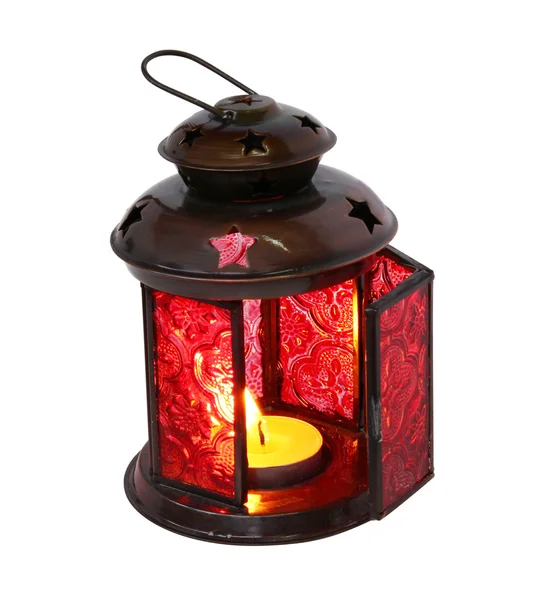 Dekorativ Lampa Med Ett Conflagrant Ljus Vit Bakgrund — Stockfoto