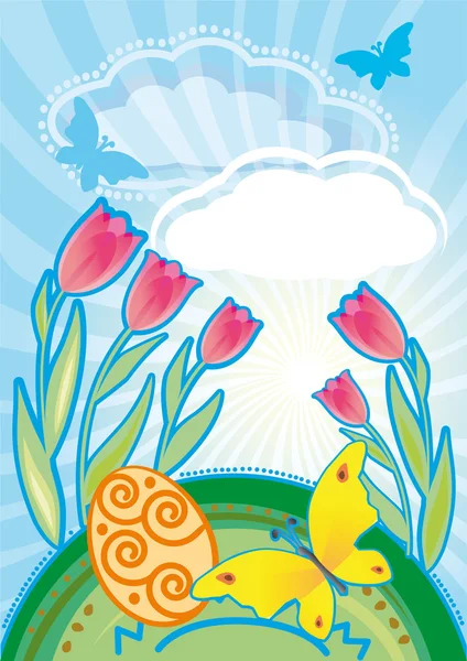 复活节彩蛋背景上的郁金香和蝴蝶 — 图库矢量图片