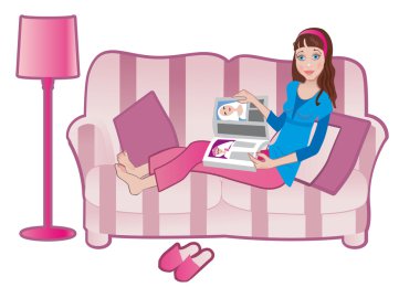 Girl with a magazine on a sofa clipart