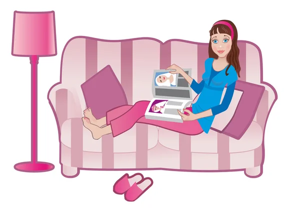 Девушка с журналом на диване — стоковый вектор