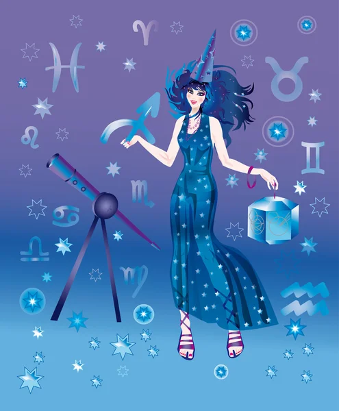 Girl-astrologer with sign of zodiac of Sagittarius character — Stock Photo, Image