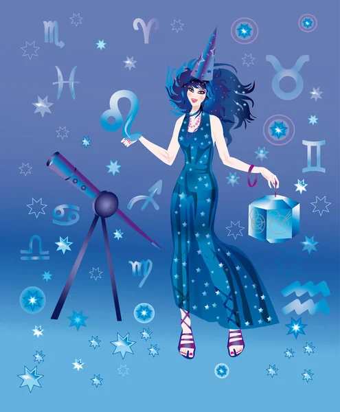 Garota-astrólogo com sinal de Zodíaco do personagem leo — Fotografia de Stock