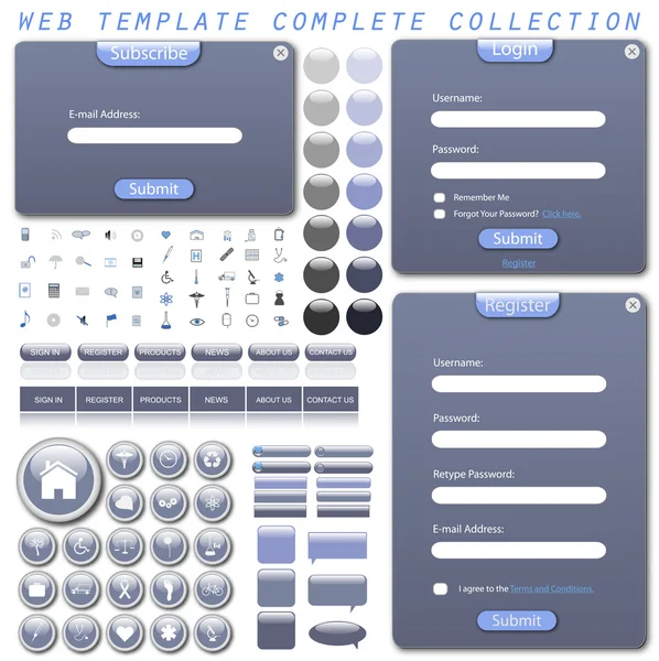 Complete Web Template Forms Bars Buttons Icons Chat Bubbles — Stock Vector