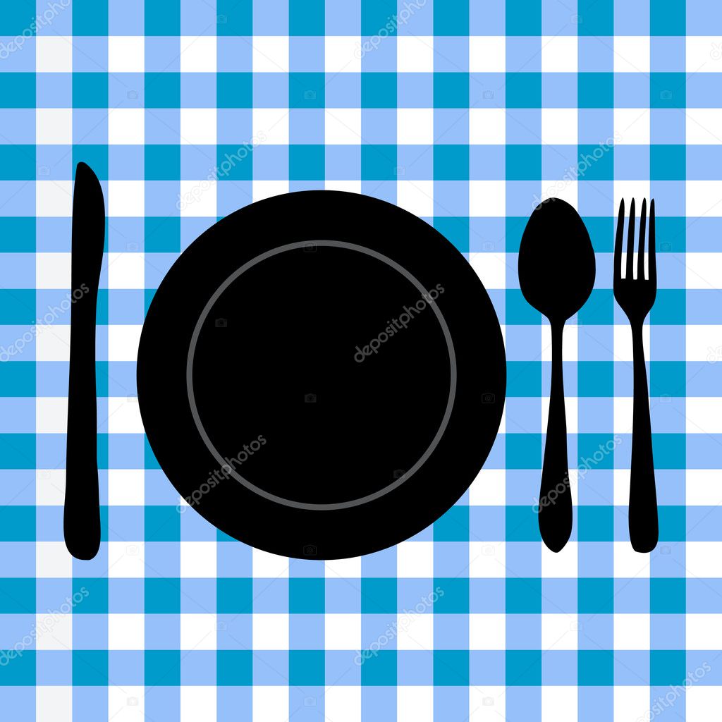 Image of a plate and utensil silhouette on a blue checker background.