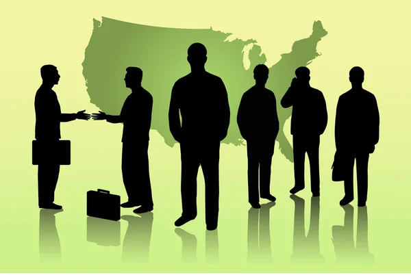 Image Silhouettes Businessmen Green Background Map United States America — Stock Photo, Image