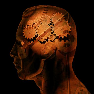 Image of various gears inside of a man's head on a black background. clipart