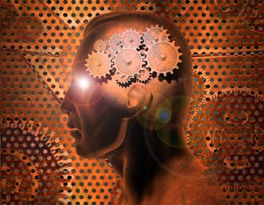 Image of gears inside of a man's head with a rusty metal background. clipart