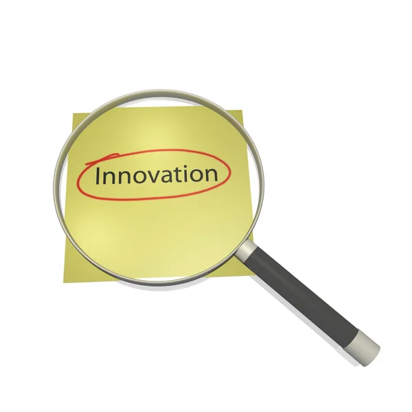 Bilden Ett Förstoringsglas Som Fokuserar Ordet Innovation Isolerad Vit Bakgrund — Stockfoto