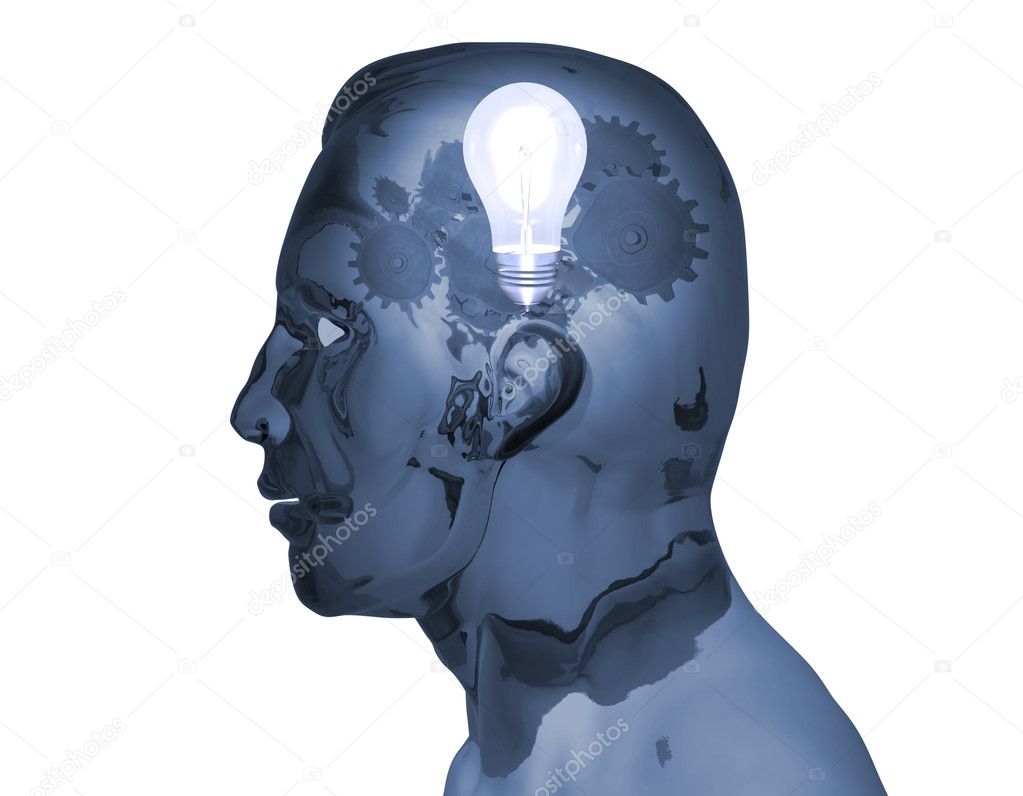 Concept image of gears and a light bulb inside of a man's head.