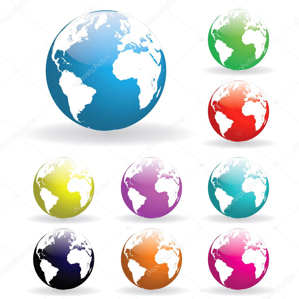 Image of various colorful earth globes isolated on a white background.