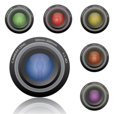 görüntü izole çeşitli siluetleri ile beyaz bir arka plan üzerinde renkli kamera lensler.