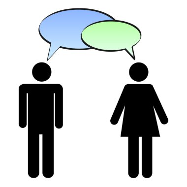 bir erkek ve kadın beyaz bir arka plan üzerinde izole renkli sohbet kabarcıkları ile görüntü.