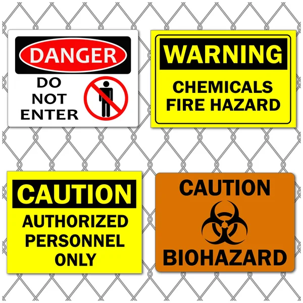 Image Various Danger Caution Signs Chain Link Fence Background — Stock Vector