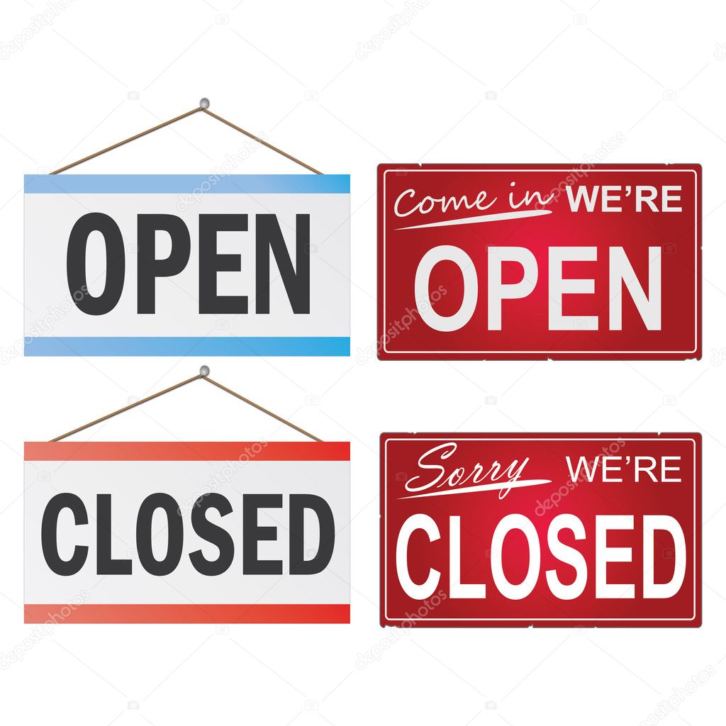 Image of various open and closed business signs isolated on a white background.