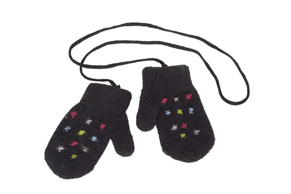 Black Wool Knit Baby Mittens String — Stock Photo, Image