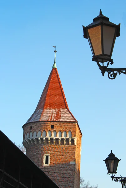 Red Tower Street Lamps Backgrounf Blue Sky — Stock Photo, Image