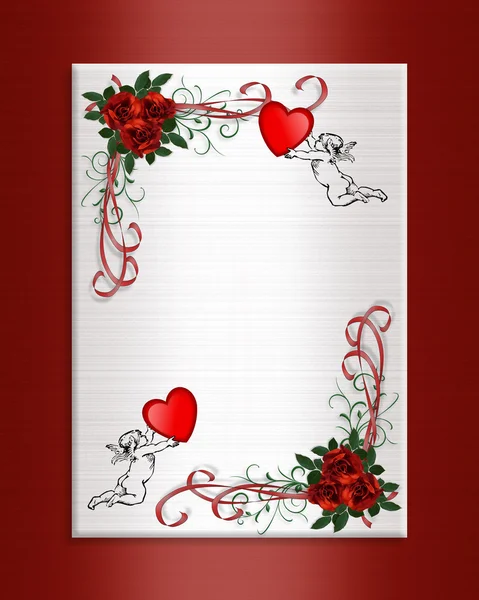 情人节的背景的心和玫瑰与丘比特的贺卡或浪漫模板与红色缎面边界和副本空间 — 图库照片