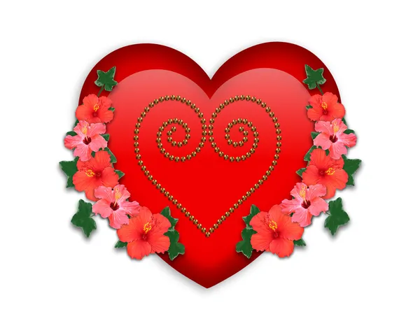 Coração vermelho Valentim e flores — Fotografia de Stock