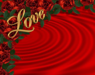 Image and illustration composition of red roses on abstract satin like swirls background for Valentines day greeting card or party invitation border clipart