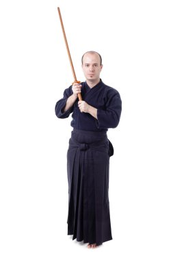 Kendo fighter with bokken isolated on white clipart