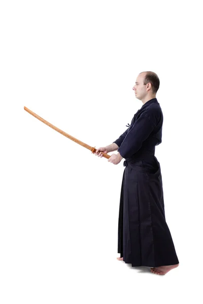 Caça Kendo Com Bokken Isolado Branco — Fotografia de Stock