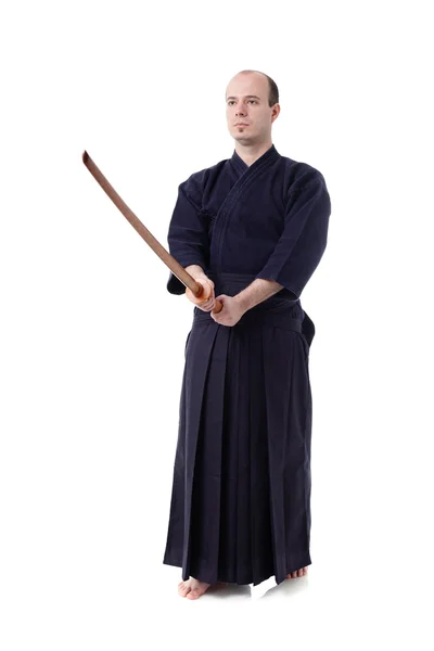 Kendo Fighter Med Bokken Isolerad Vit — Stockfoto