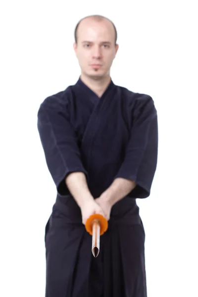 Kendo Combattente Con Bokken Isolato Bianco — Foto Stock