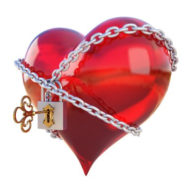 Red heart, wrapped a chain padlocked. isolated on white
