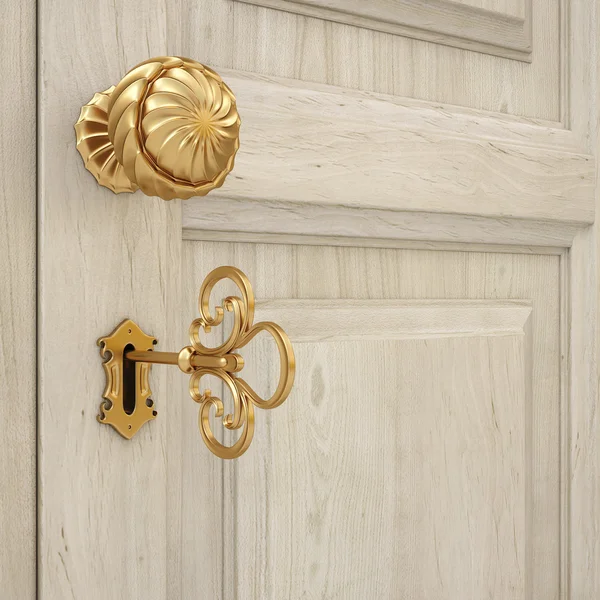 Χρυσή Πόρτα Λαβή Και Ένα Χρυσό Κλειδί Εικόνας — Φωτογραφία Αρχείου