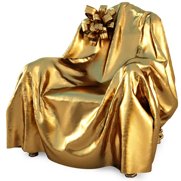 Chair Covered Gold Cloth Bow Isolated White — Stock Photo, Image