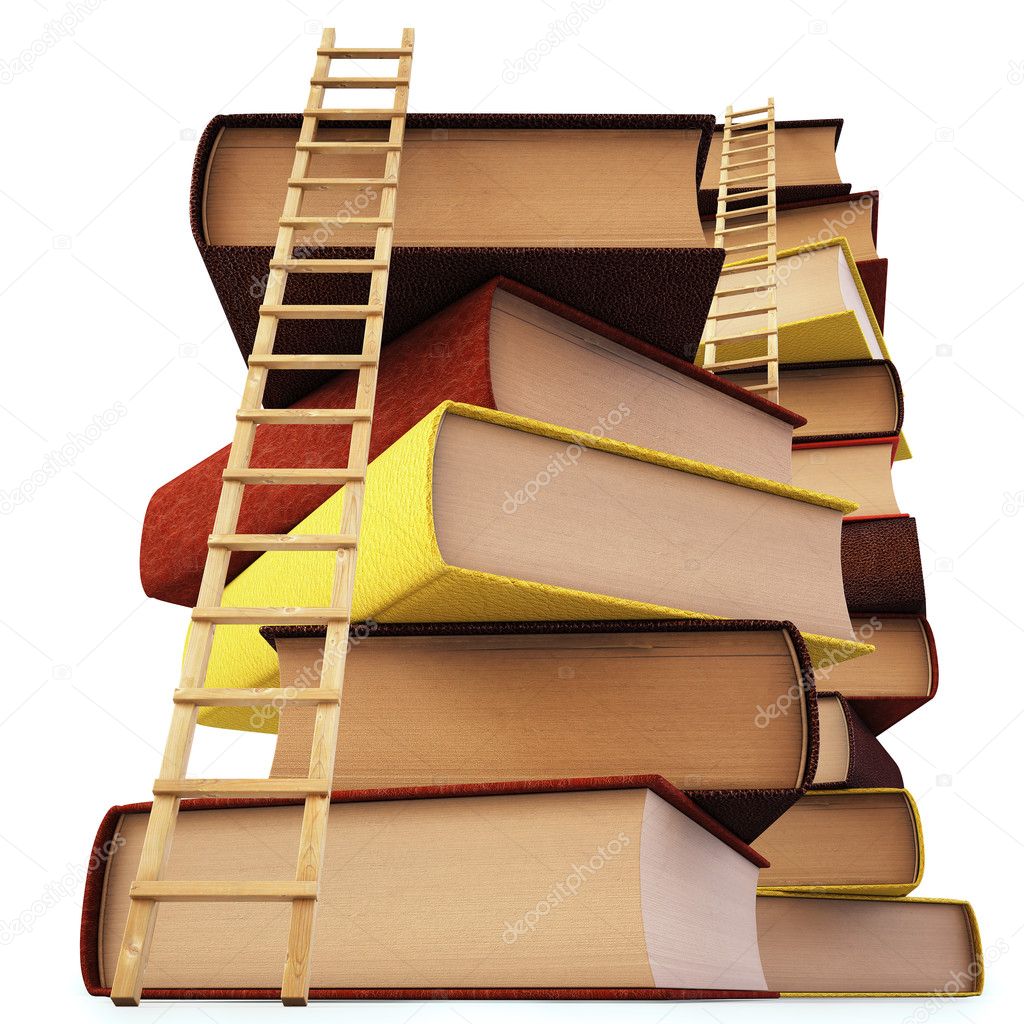 Wooden ladder standing near books pile. isolated on white including clipping path.