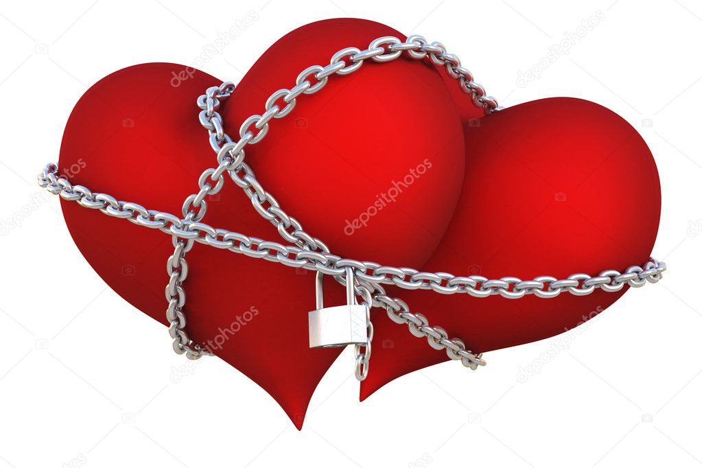 Two velvet hearts linked together with silver chain. isolated on white with clipping path.