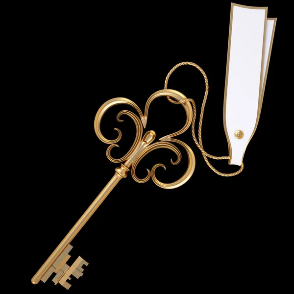 Antik Goldener Schlüssel Mit Blanko Karte Isoliert Auf Schwarz Mit — Stockfoto