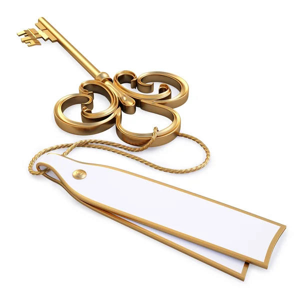 Starožitný Zlatý Klíč Prázdnou Kartou Izolovaný Bílém Oříznutou Cestou — Stock fotografie