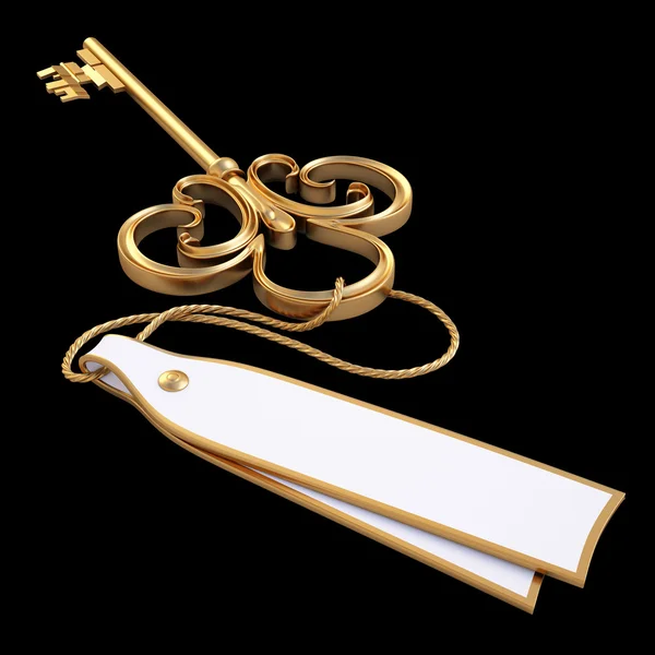 Starožitný Zlatý Klíč Prázdnou Kartu Izolované Černé Ořezovou Cestou — Stock fotografie