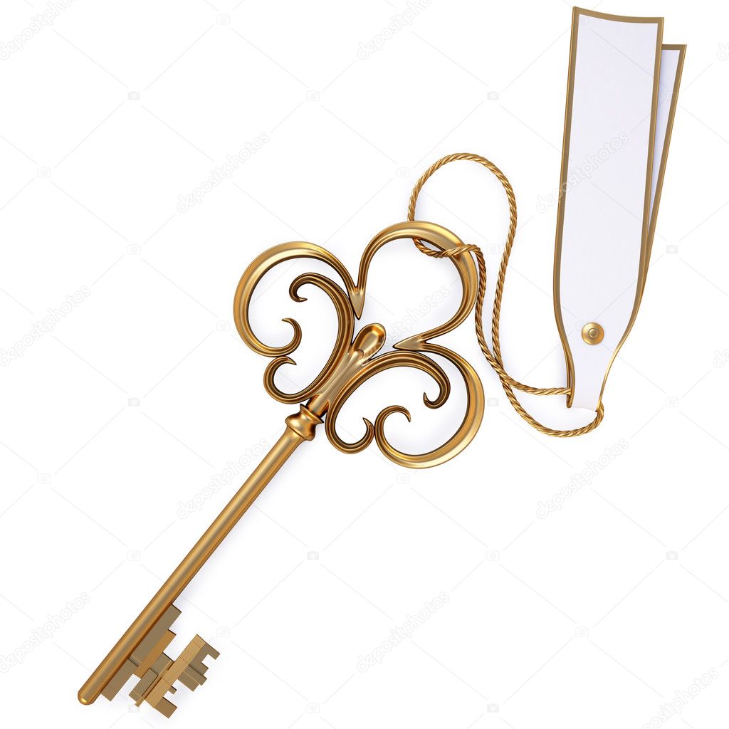 Antique golden key with blank card. isolated on white. with clipping path.