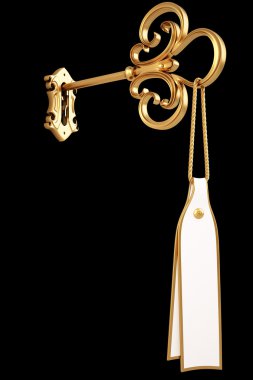 Golden key with a tag is inserted into the keyhole. isolated on black. with clipping path. clipart