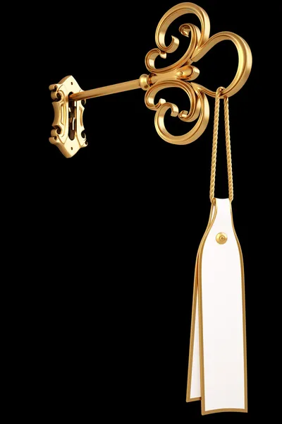 Χρυσό Κλειδί Μια Ετικέτα Εισάγεται Από Την Κλειδαρότρυπα Απομονώνονται Μαύρο — Φωτογραφία Αρχείου