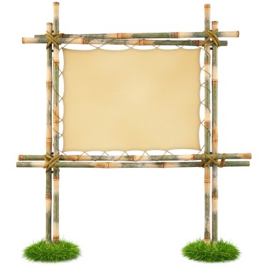 Bamboo billboard with a stretched cloth. isolated on white. with clipping path. clipart