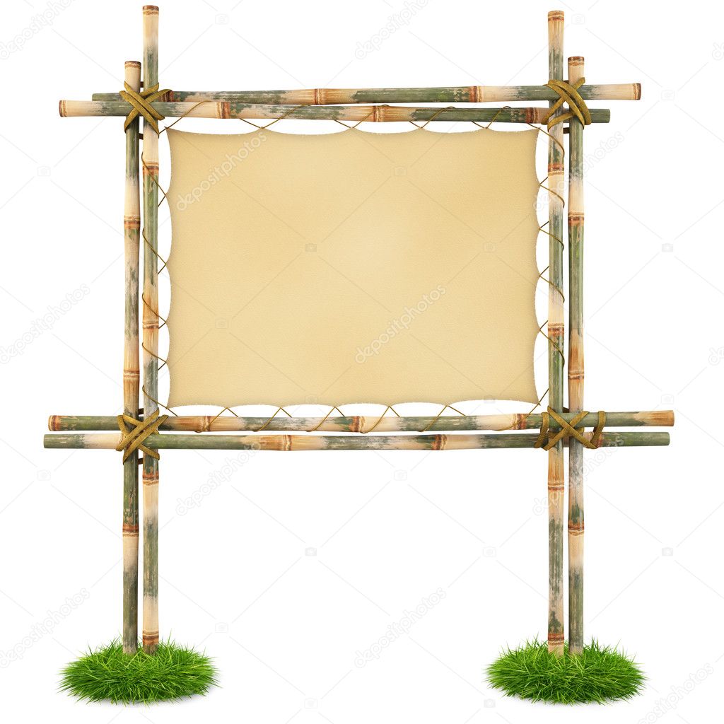 Bamboo billboard with a stretched cloth. isolated on white. with clipping path.