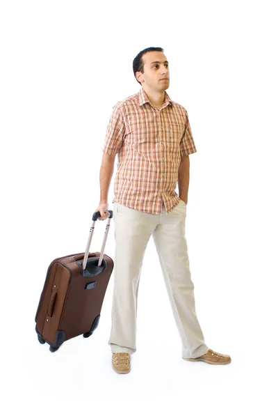 stock image Young man going on a trip isolated on white