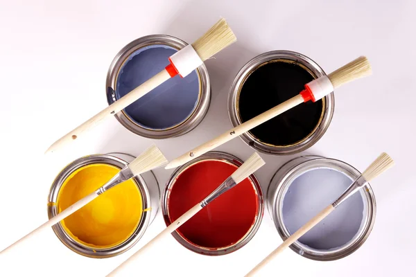 Malarstwo Farby Puszki Paintbrusches Więcej — Zdjęcie stockowe