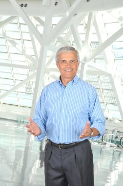Middle aged businessman wearing Striped Blue Shirt Gesturing with Both Hands in modern office setting. Vertical Format. clipart