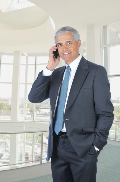 Бизнесмен Средних Лет Стоящий Современном Офисном Здании Разговаривающий Мобильному Телефону — стоковое фото