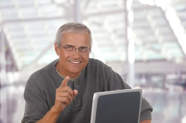 Middle Aged Man Lobby Modern Office Building Laptop Computer Man — Stock Photo, Image