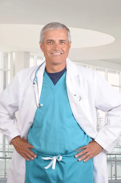 Close Portrait Smiling Middle Aged Doctor Scrubs Stethoscope His Neck — Stock Photo, Image