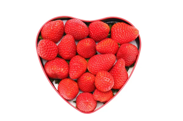 Ripe Strawberries Heart Shaped Tin White Background — Stock Photo, Image